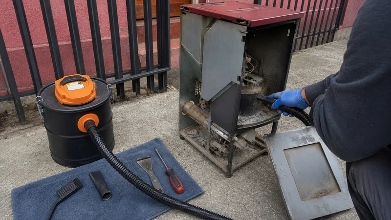 Técnico realizando mantención a una estufa a pellet