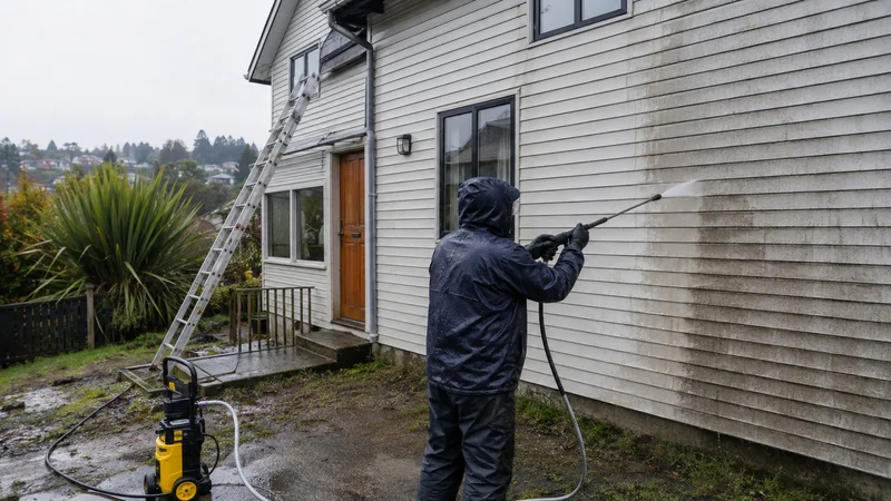 Fachada de una vivienda durante un trabajo de limpieza